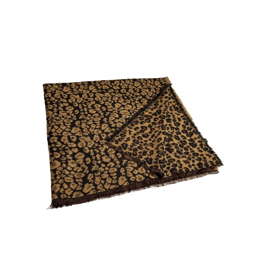 Brown Tan Animal Print Throw Blanket Accent Quilt Cover Leopard Fringe Trim Soft